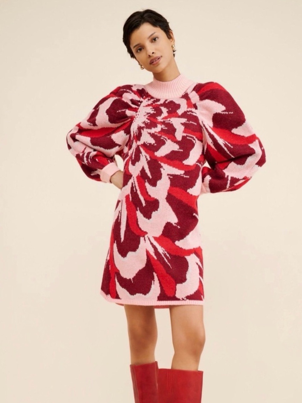 Farm Rio Flower Knit Pink and Red Patterned Mini Sweater Dress Size M - Picture 7 of 7